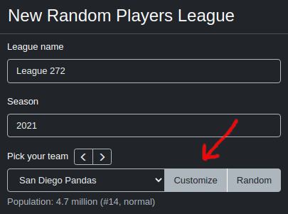Screenshot of creating a new random players league